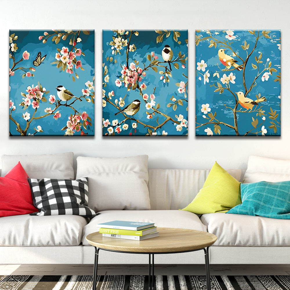 Blumen und Vögel 3-teilig Triptychon Malen nach Zahlen