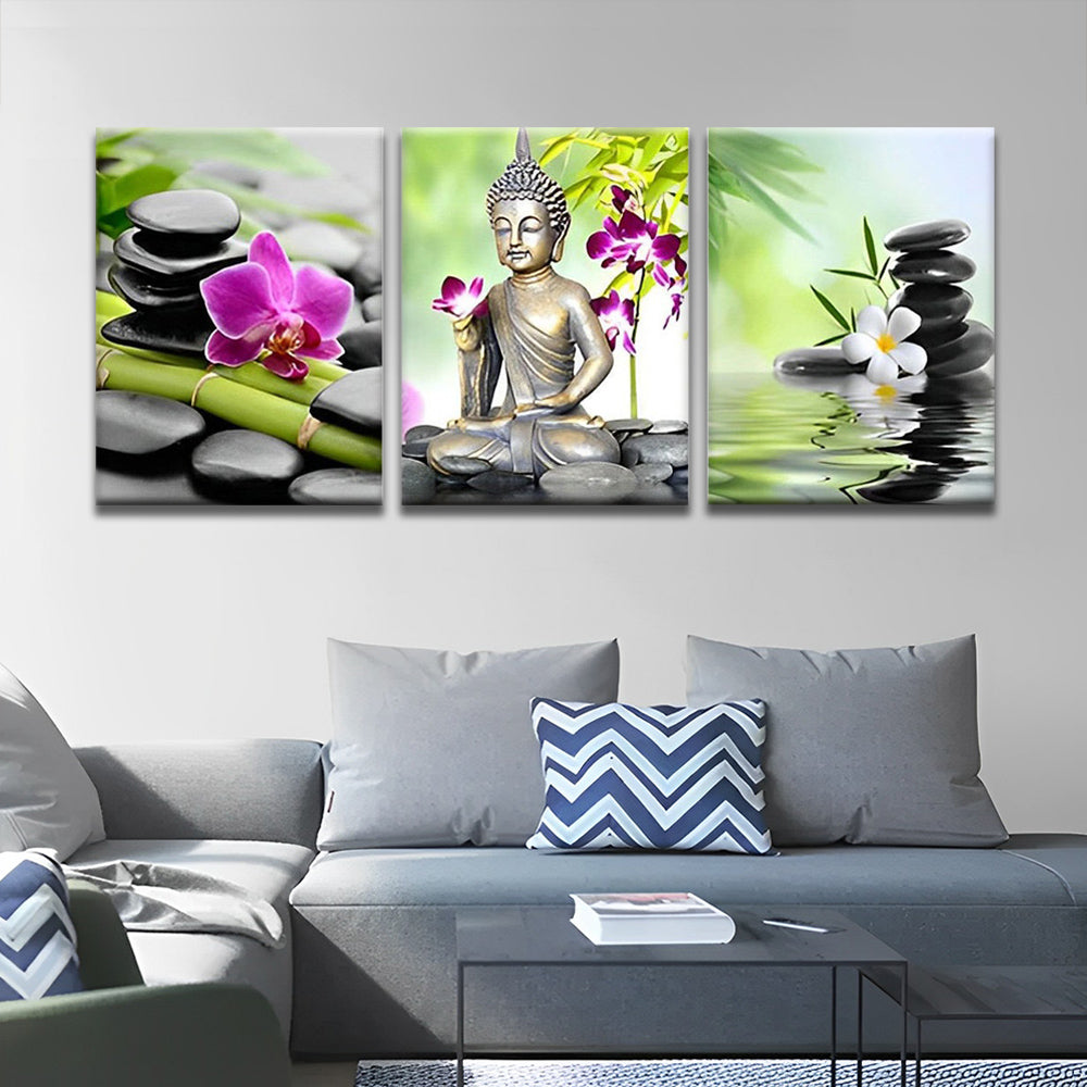 Buddha, Blumen und Steine 3-teilig Triptychon Malen nach Zahlen