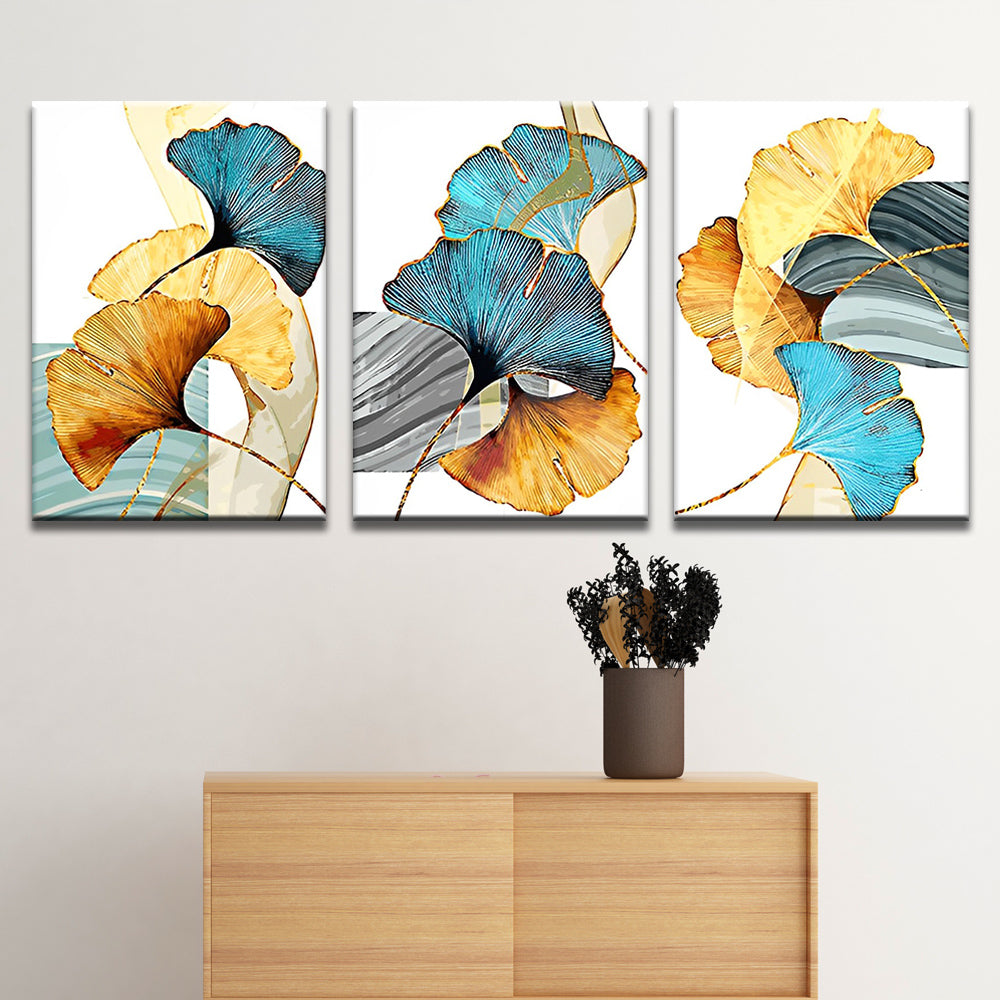 Bunte Ginkgoblätter 3-teilig Triptychon Malen nach Zahlen