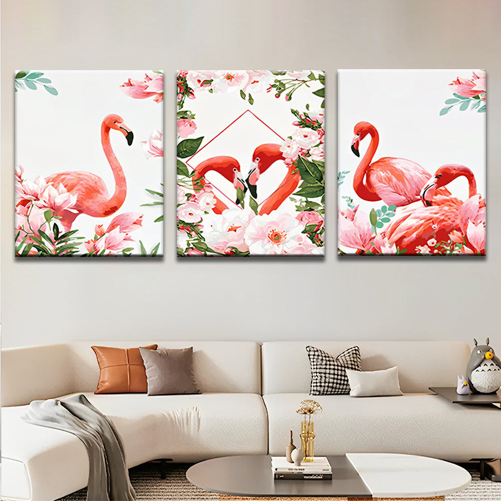 Flamingos und Blumen 3-teilig Triptychon Malen nach Zahlen