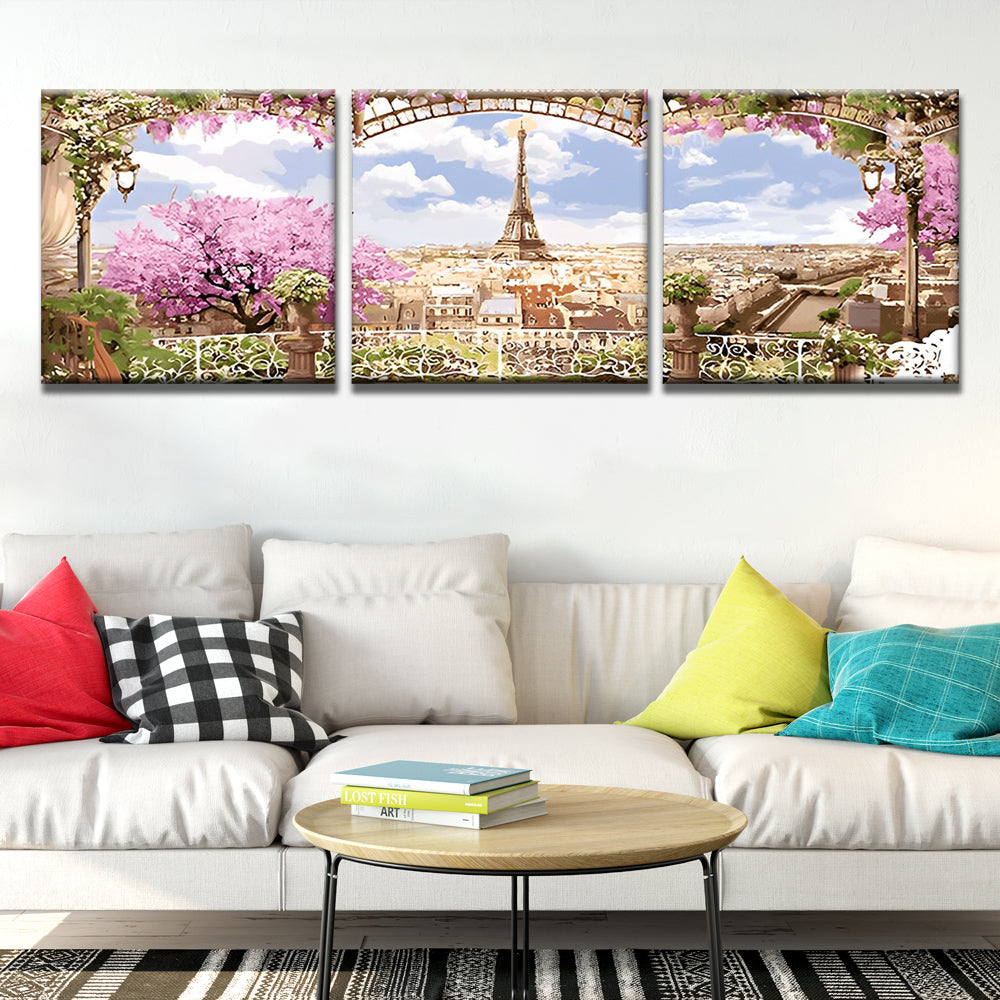 Garten und Eiffelturm 3-teilig Triptychon Malen nach Zahlen