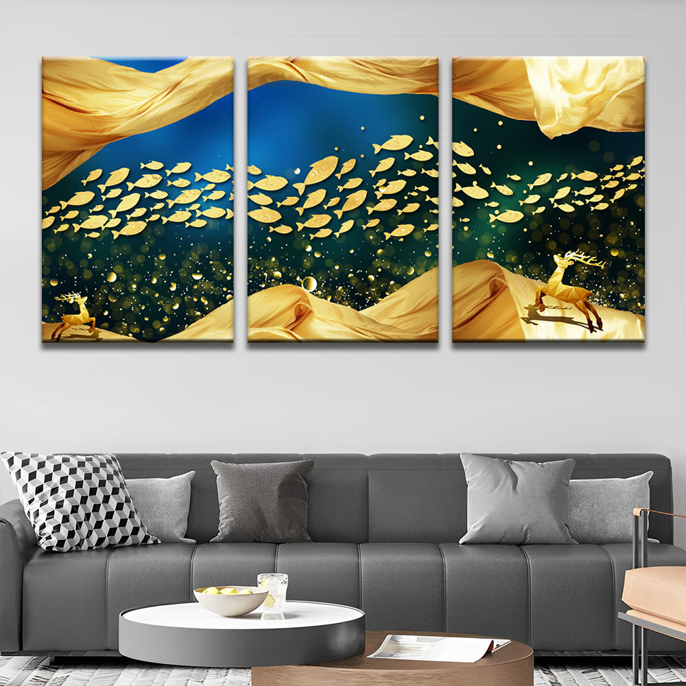 Goldene Fische und Hirsche 3-teilig Triptychon Malen nach Zahlen