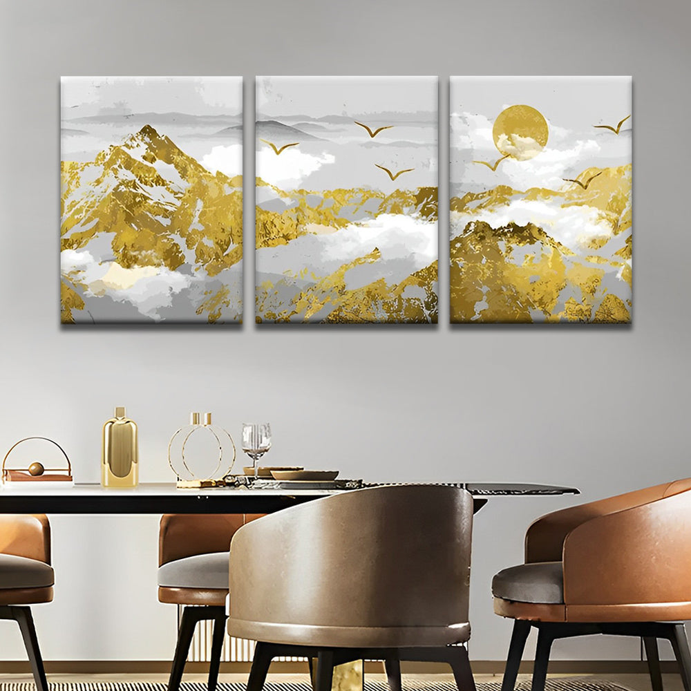 Goldene Sonne, Vögel und Berge 3-teilig Triptychon Malen nach Zahlen