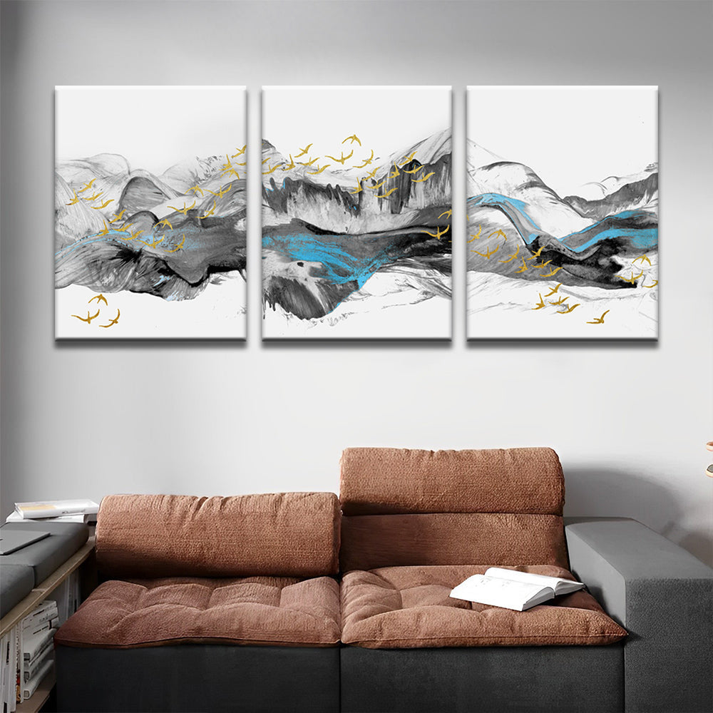 Goldene Vögel und abstrakte Berge 3-teilig Triptychon Malen nach Zahlen