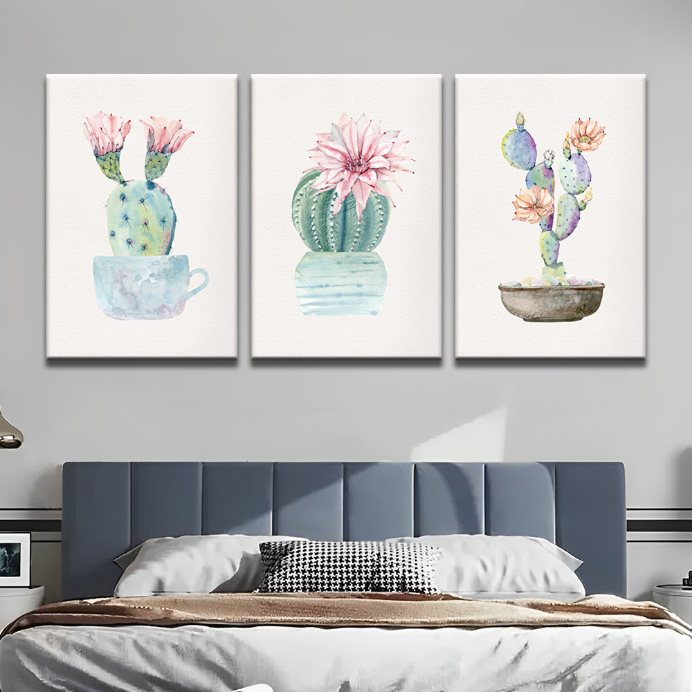 Kaktus und rosa Blumen 3-teilig Triptychon Malen nach Zahlen