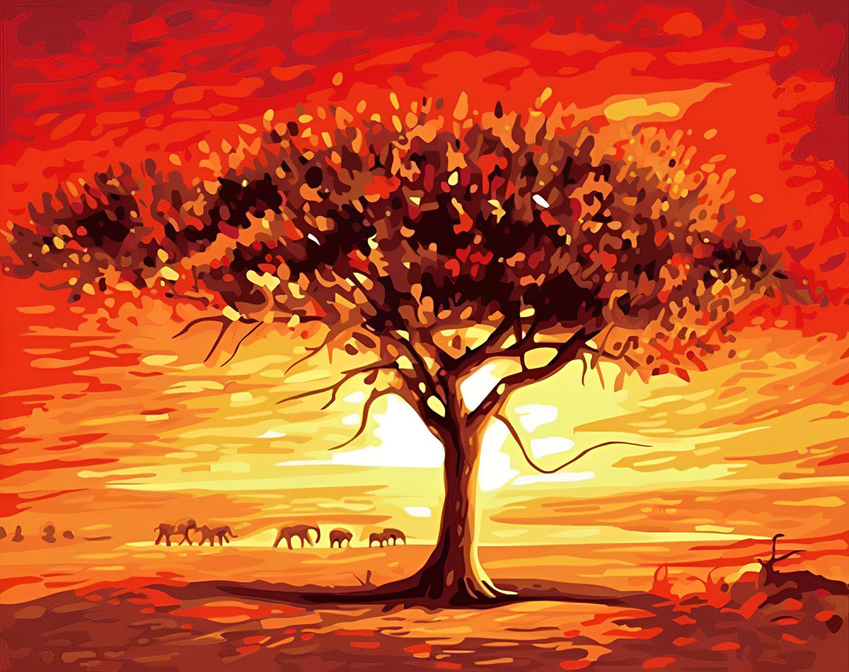 ABEUTY Malen Nach Zahlen Set „Sonnenbaum“ – 40x50 Cm Leinwand, Acrylfarben, Inkl. Pinsel