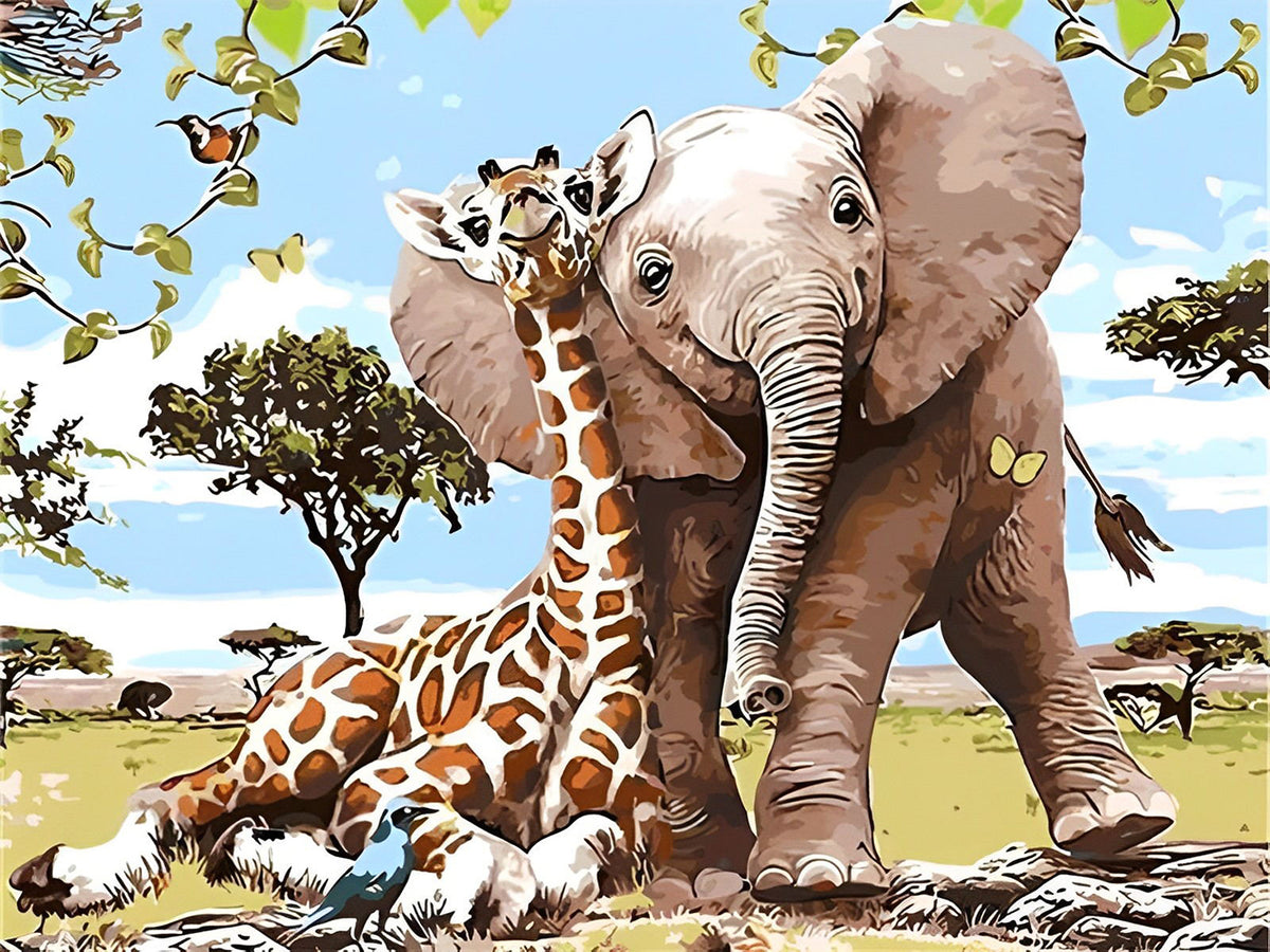 DIY Ölmalen Nach Zahlen Kit – Afrika Tiere Elefant & Giraffe, 40,6 X 50,8 Cm Leinwand Mit Rahmen-Bausatz
