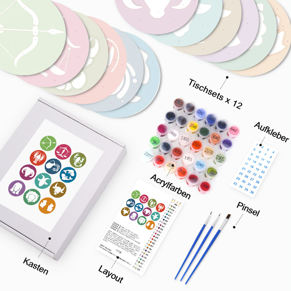 12 Stück Cartoon Konstellation Logo Tischsets Malen nach Zahlen