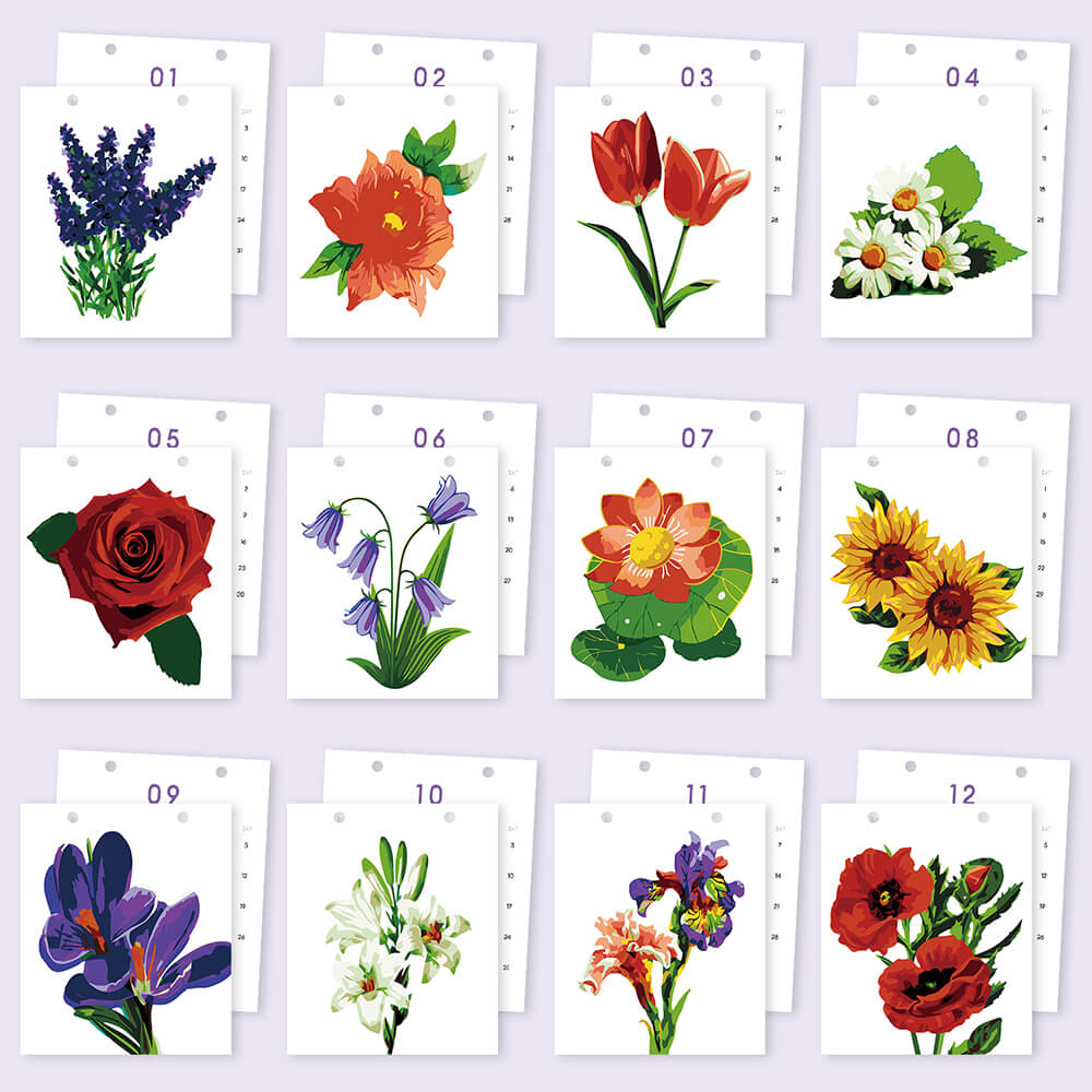 2026 Tischkalender Malen nach Zahlen | Schöne Blumen