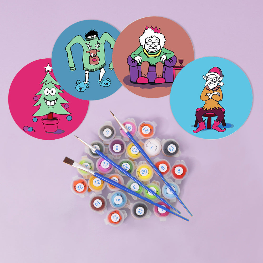 4 Stück Cartoon Weihnachtsfiguren Untersetzer Malen nach Zahlen
