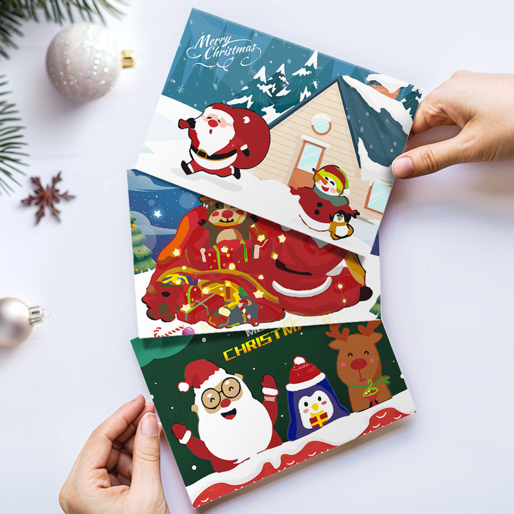 6 Weihnachtskarten Malen nach Zahlen | Weihnachtsmann, Pinguin und Rentier