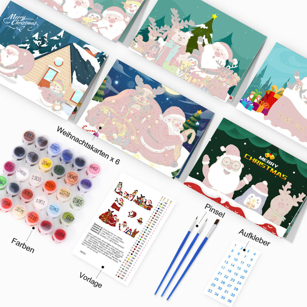 6 Weihnachtskarten Malen nach Zahlen | Weihnachtsmann, Pinguin und Rentier