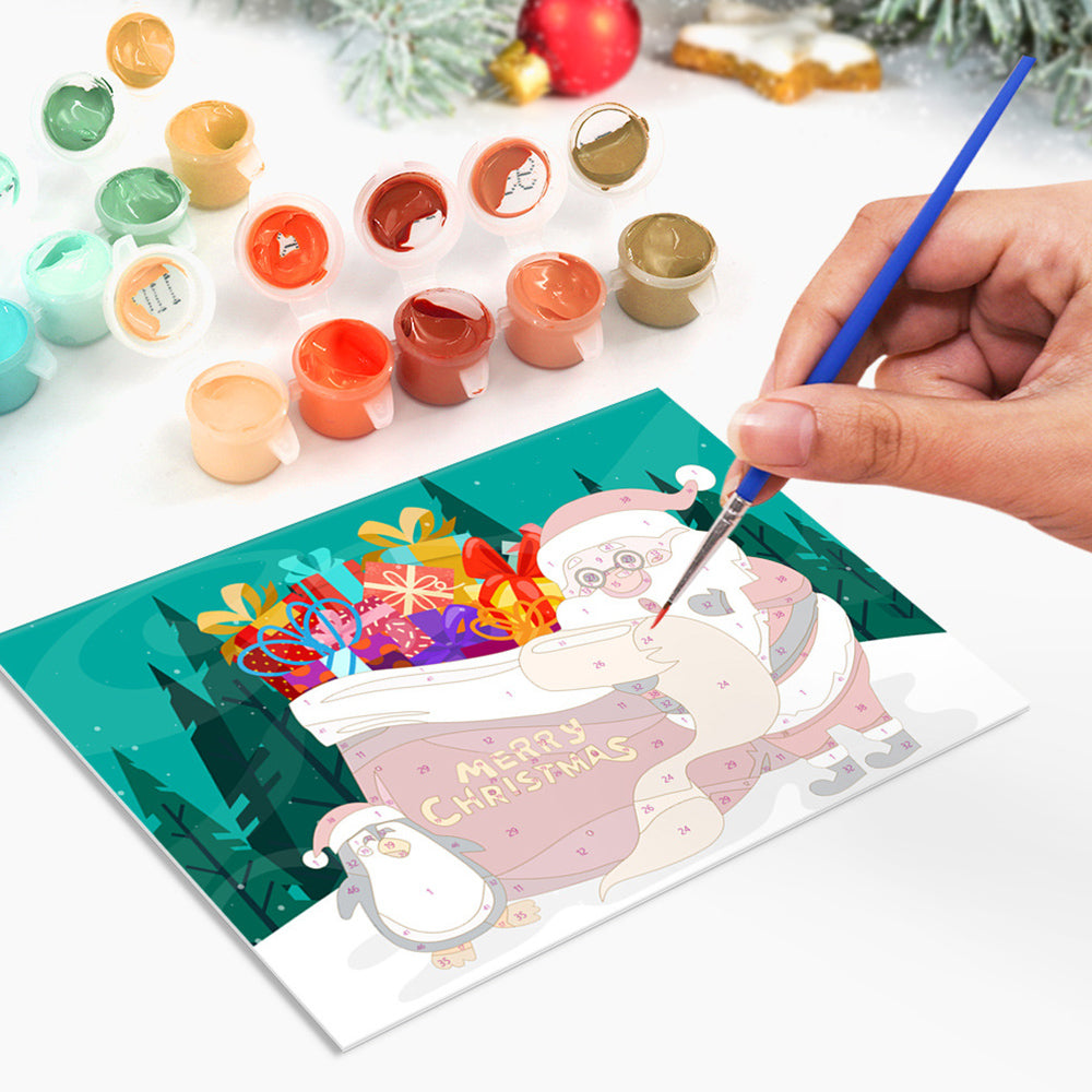 6 Weihnachtskarten Malen nach Zahlen | Weihnachtsmann und Schneemann
