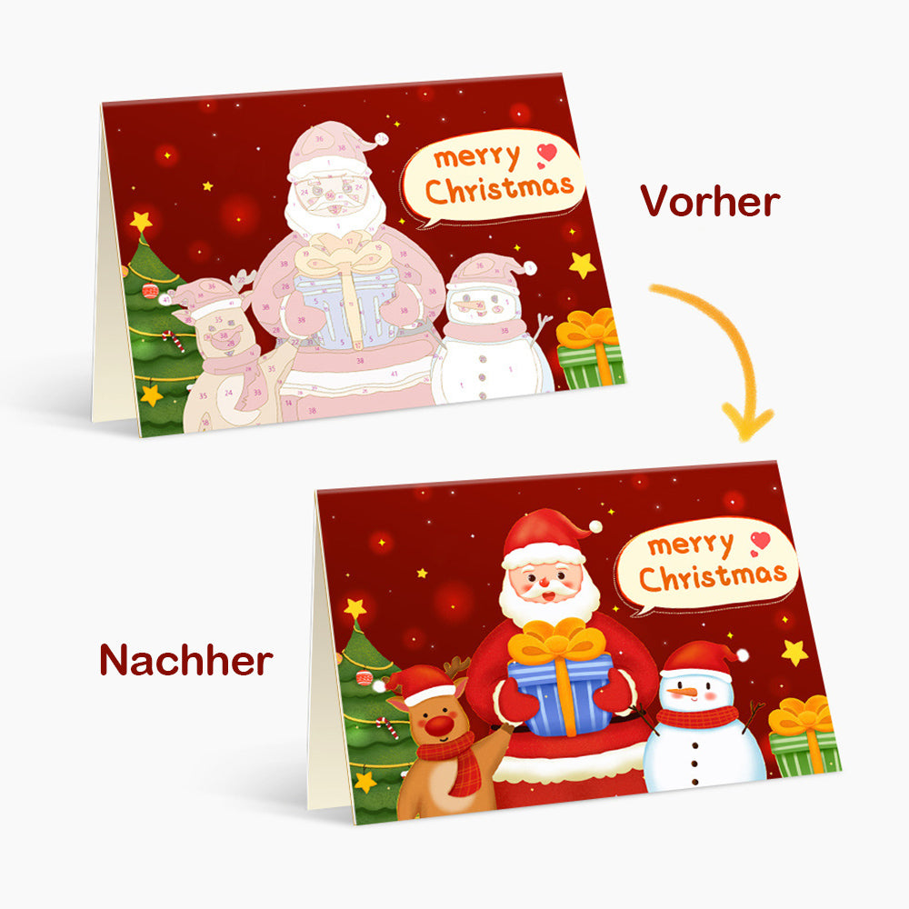 6 Weihnachtskarten Malen nach Zahlen | Weihnachtsmann und Schneemann