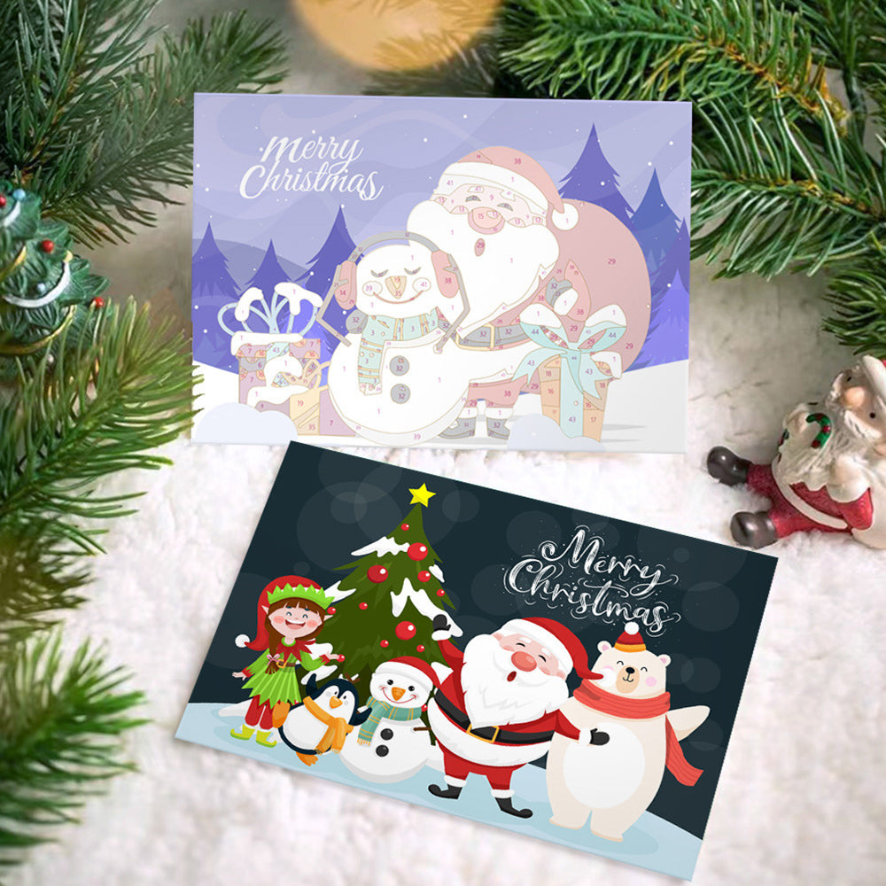 6 Weihnachtskarten Malen nach Zahlen | Weihnachtsmann und Schneemann