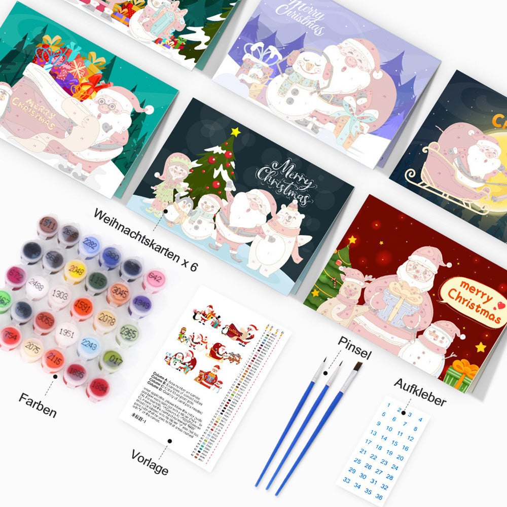 6 Weihnachtskarten Malen nach Zahlen | Weihnachtsmann und Schneemann