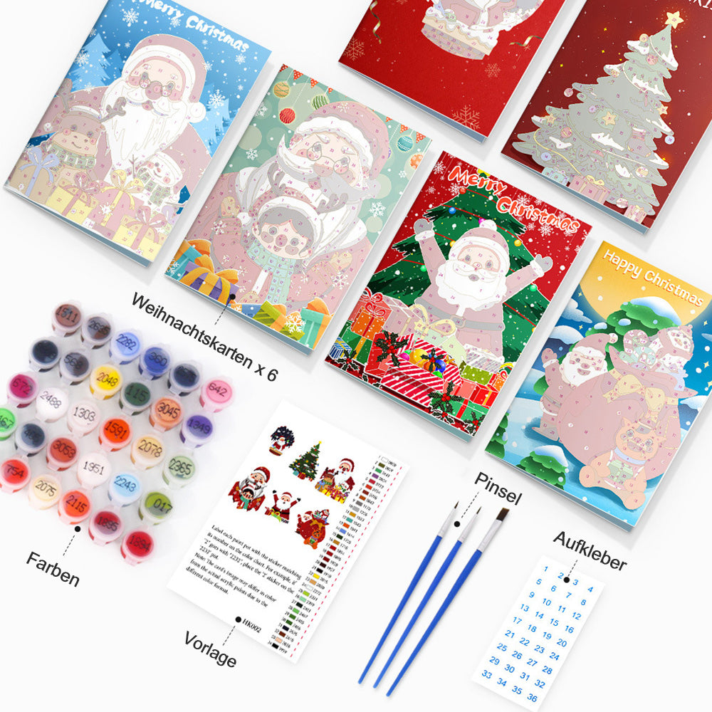 6 Weihnachtskarten Malen nach Zahlen | Weihnachtsmann und Weihnachtsbaum