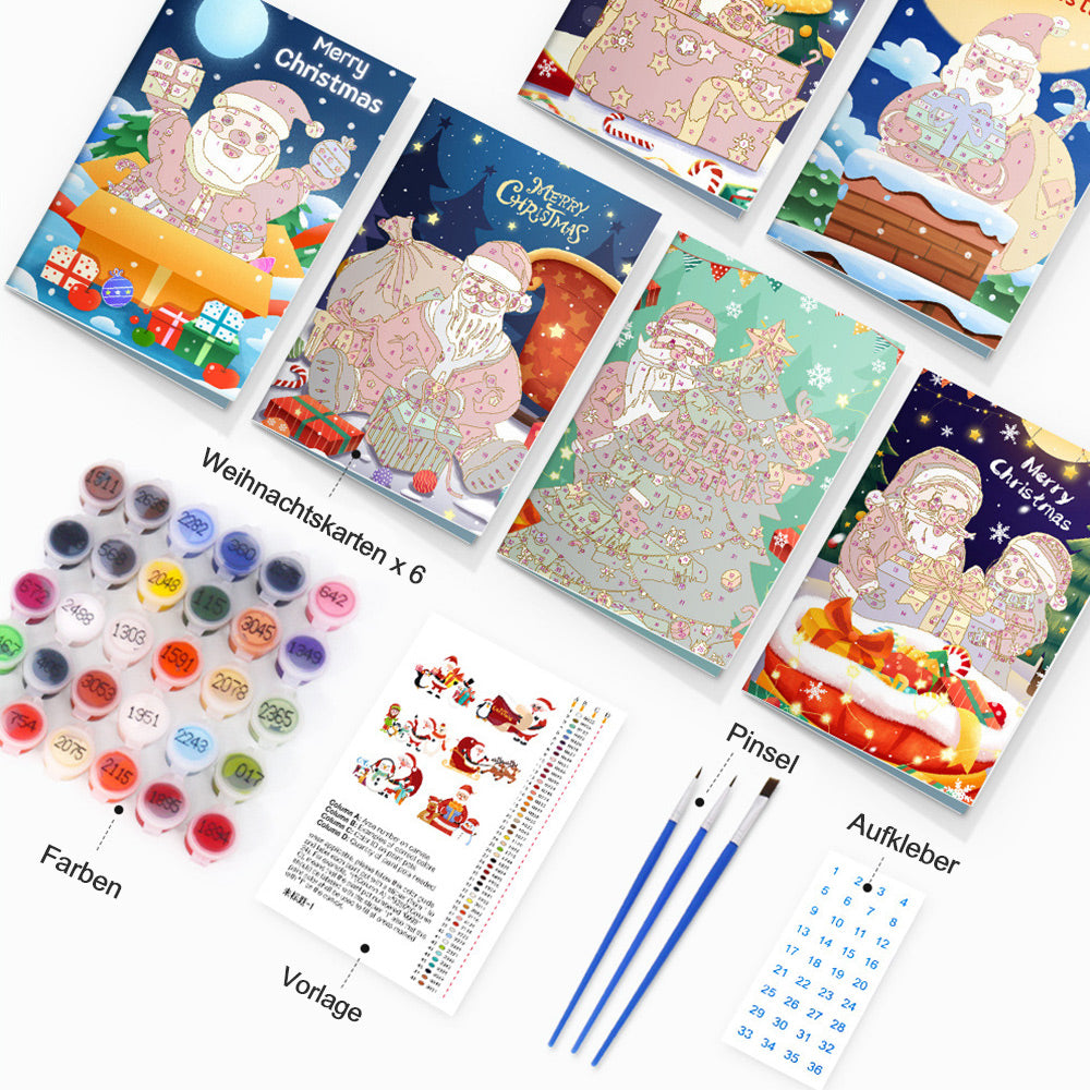 6 Weihnachtskarten Malen nach Zahlen | Weihnachtsmanns Geschenkpaket