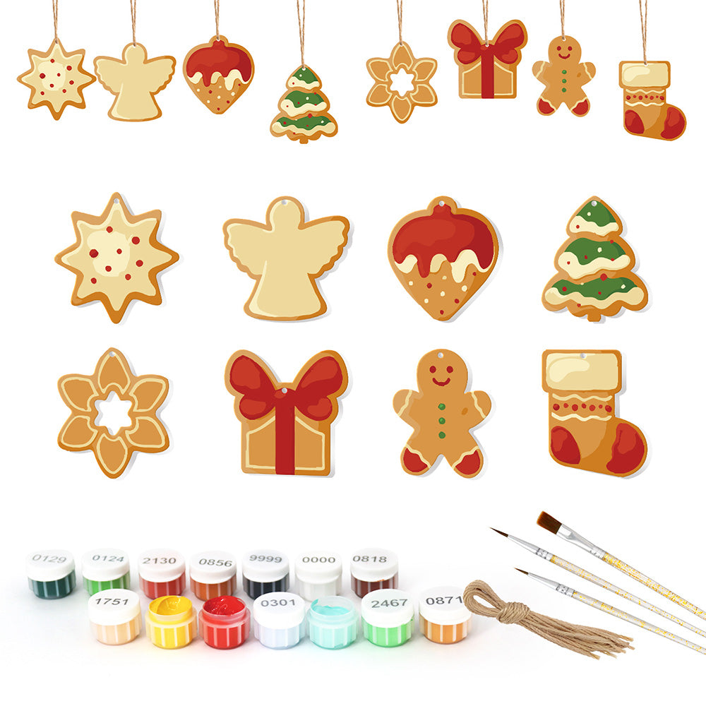 8 Stück Weihnachtsschmuck Malen nach Zahlen | Erdbeerkuchen und Lebkuchenmann Set
