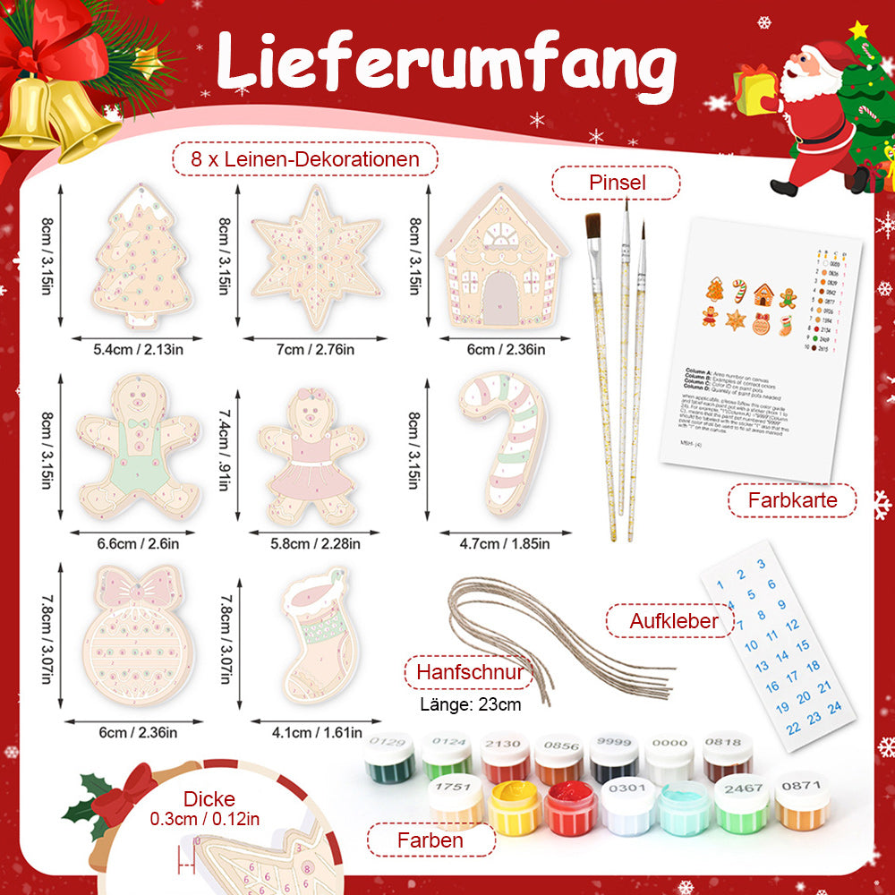 8 Stück Weihnachtsschmuck Malen nach Zahlen | Lebkuchenmann Set