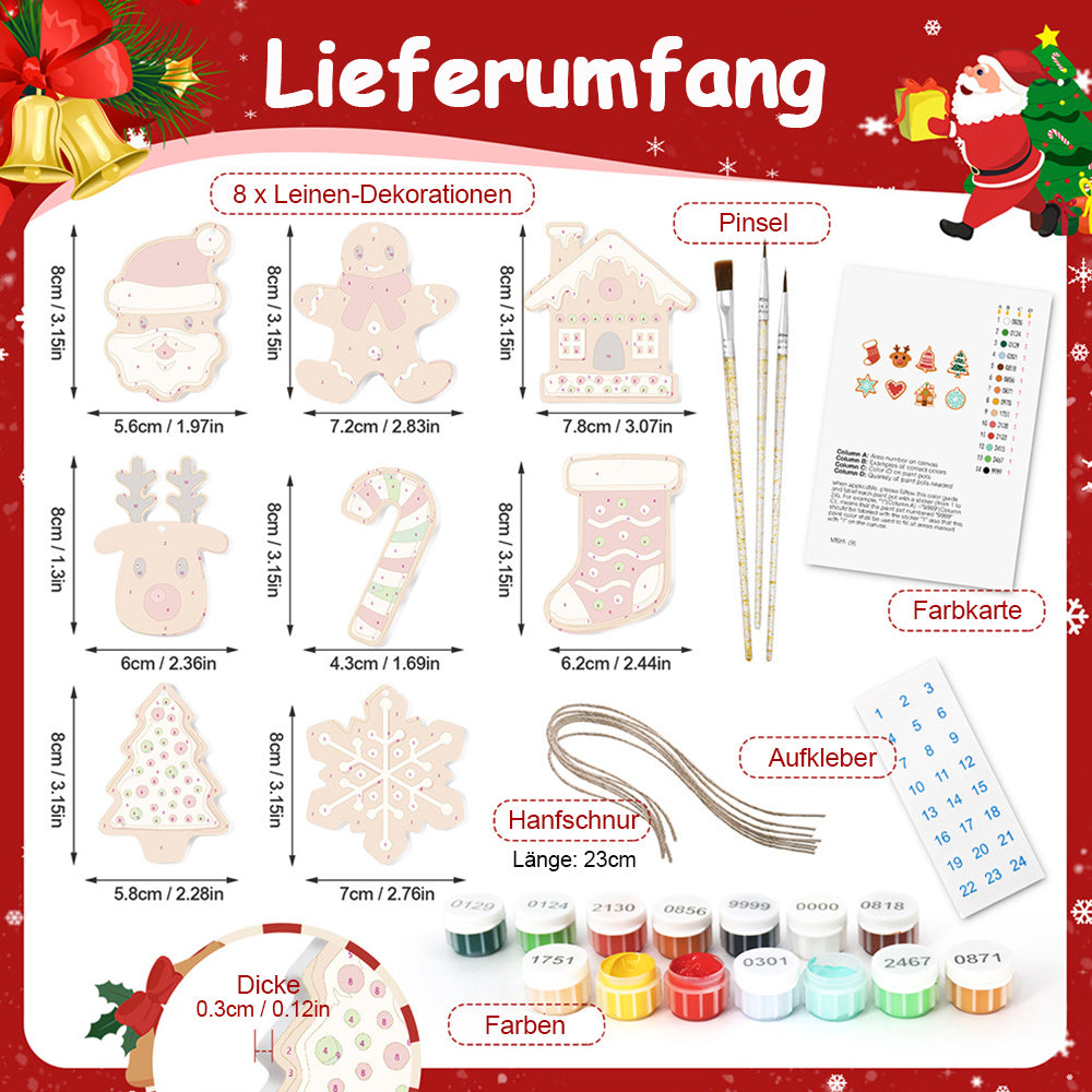 8 Stück Weihnachtsschmuck Malen nach Zahlen | Weihnachtskeks Set