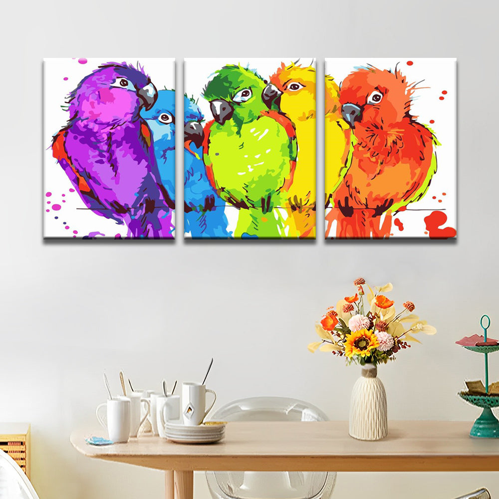 Bunte Papageien 3-teilig Triptychon Malen nach Zahlen