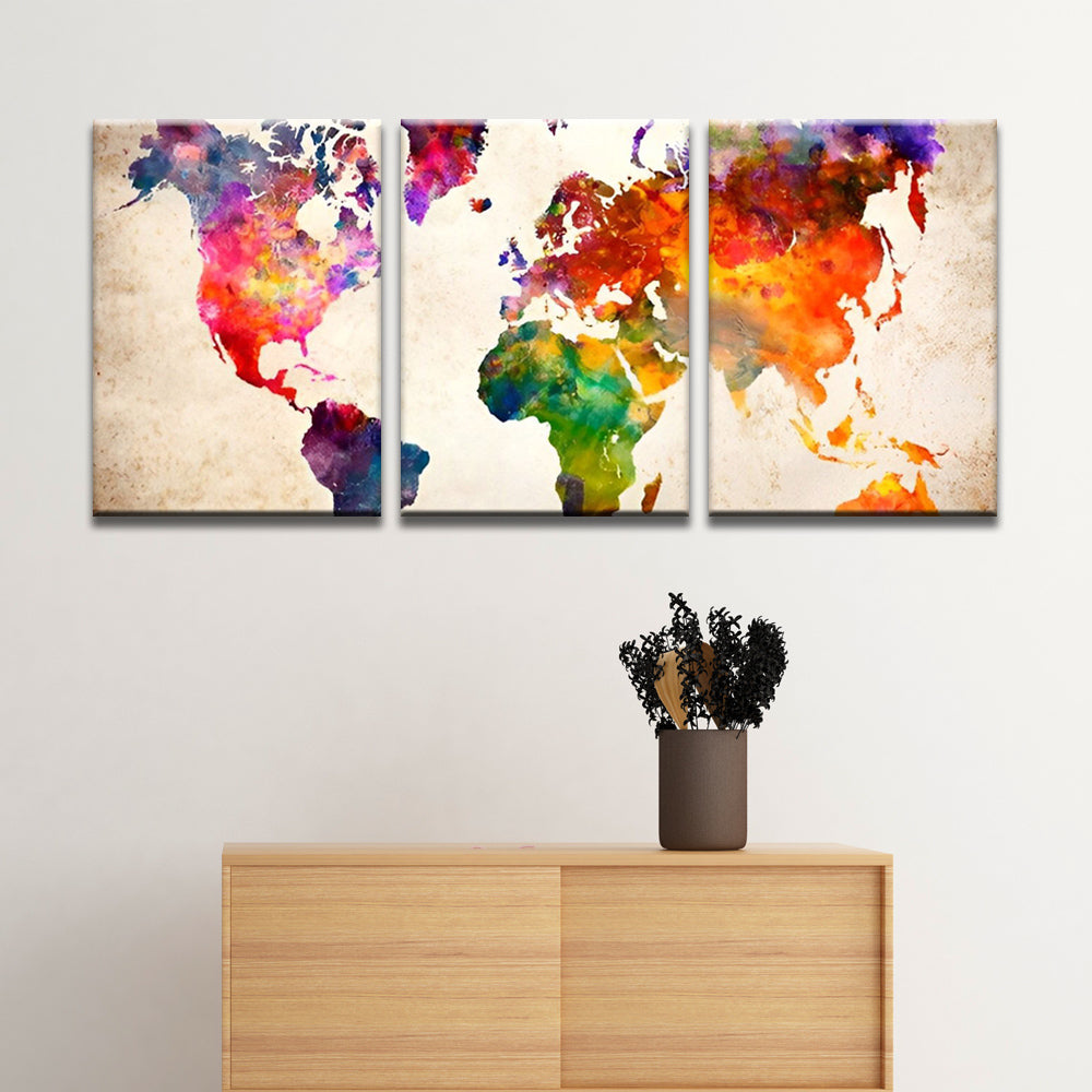 Bunte Weltkarte 3-teilig Triptychon Malen nach Zahlen