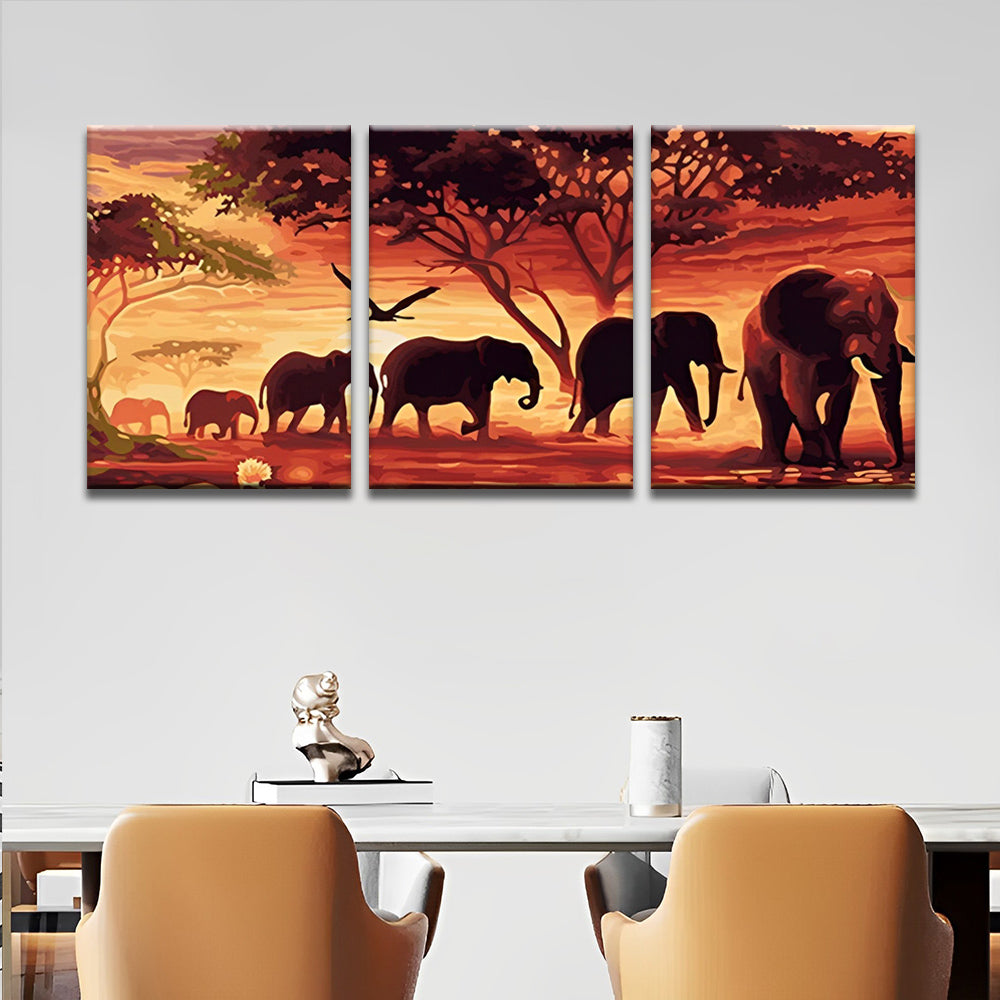Elefanten bei Sonnenuntergang 3-teilig Triptychon Malen nach Zahlen