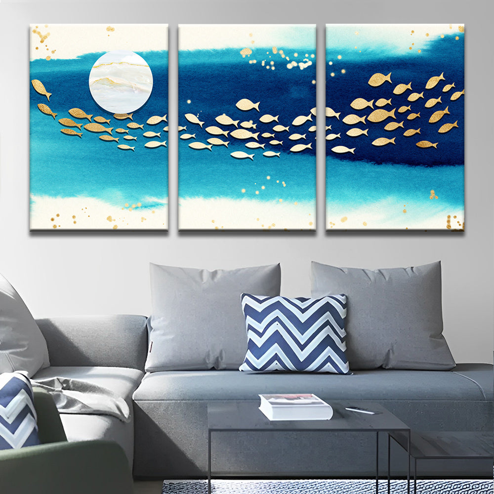Fische zum Mond 3-teilig Triptychon Malen nach Zahlen