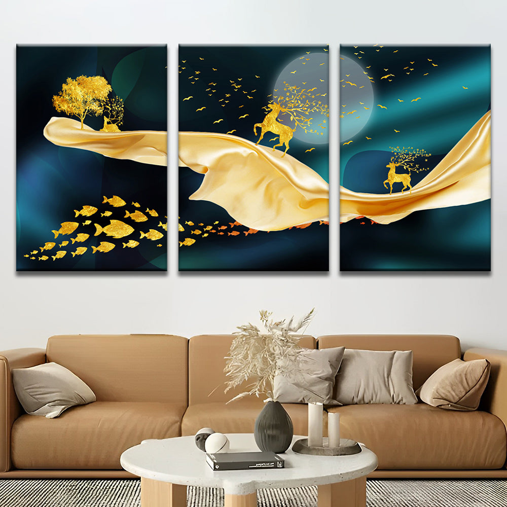 Goldene Hirsche, Baum und Fische 3-teilig Triptychon Malen nach Zahlen