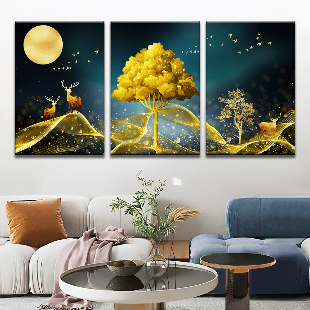 Goldene Hirsche, Bäume 3-teilig Triptychon Malen nach Zahlen