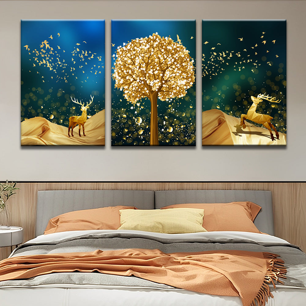 Goldene Hirsche und Baum 3-teilig Triptychon Malen nach Zahlen