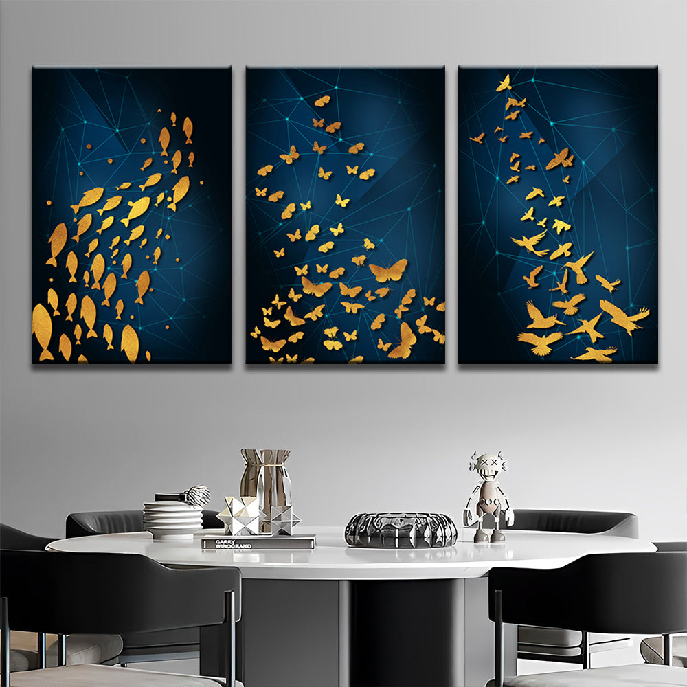 Goldene Schmetterlinge, Fische und Vögel 3-teilig Triptychon Malen nach Zahlen