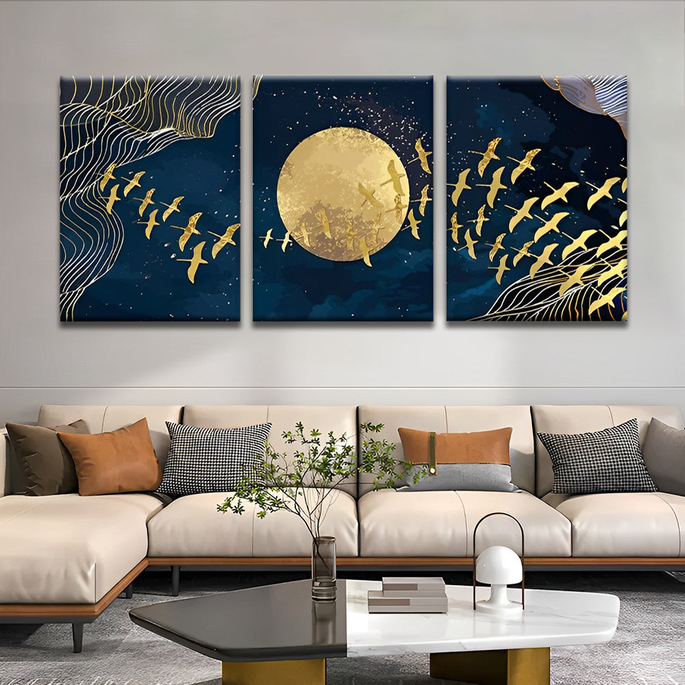 Goldene Vögel und Mond 3-teilig Triptychon Malen nach Zahlen