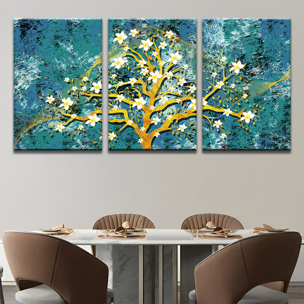 Goldener Baum mit weißen Blumen 3-teilig Triptychon Malen nach Zahlen