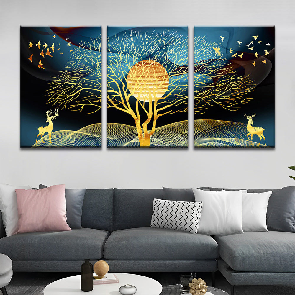 Goldener Baum und Vollmond 3-teilig Triptychon Malen nach Zahlen