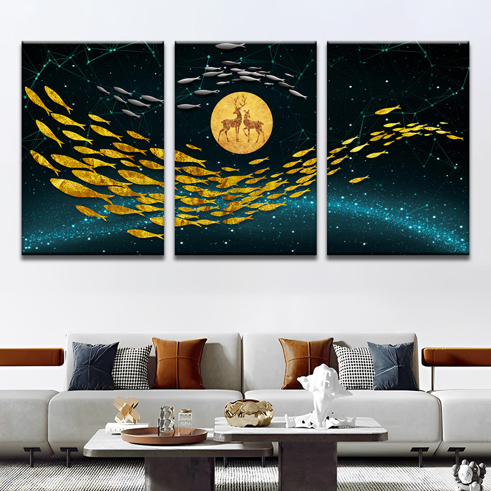 Hirsche im Mond und Fische 3-teilig Triptychon Malen nach Zahlen