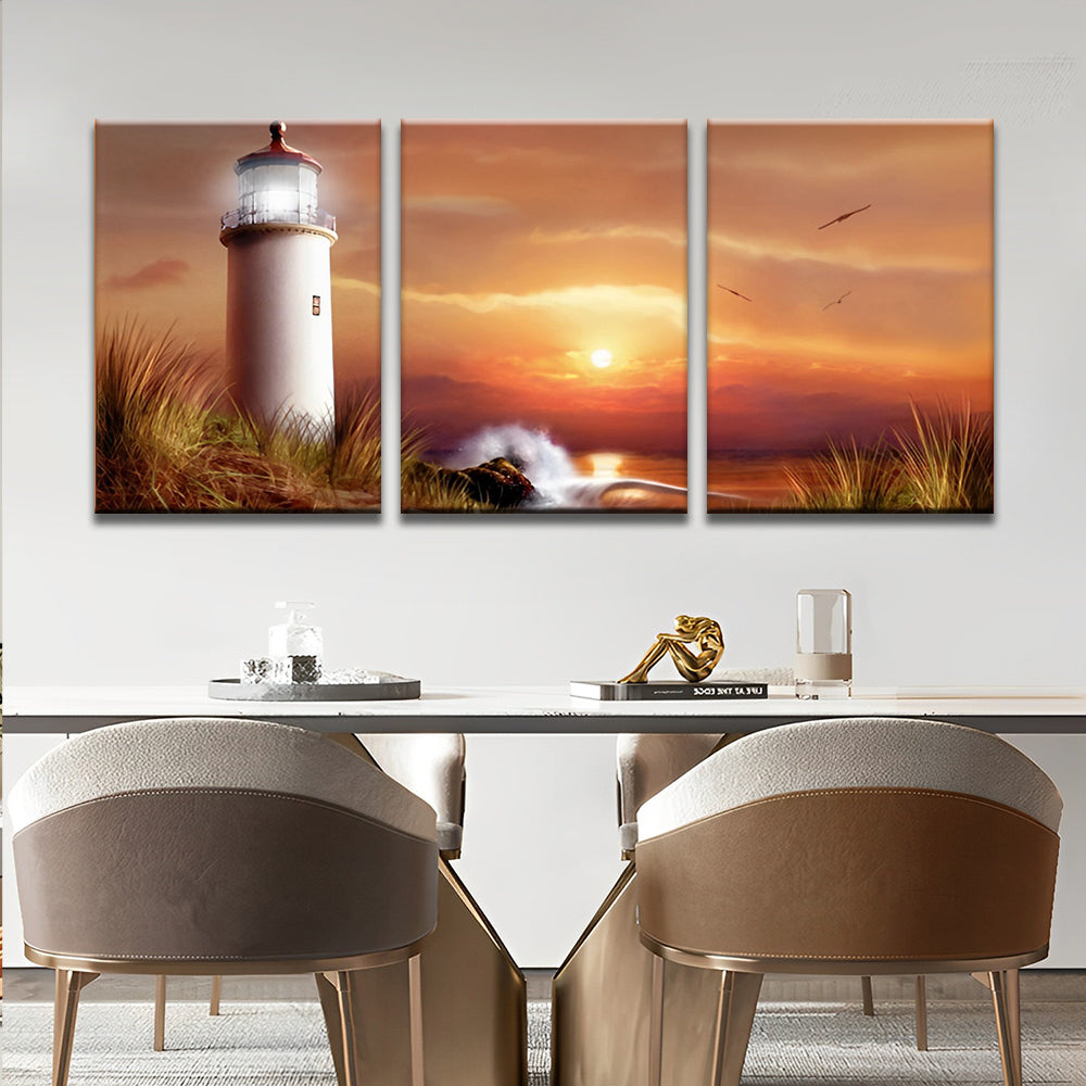 Leuchtturm bei Sonnenuntergang 3-teilig Triptychon Malen nach Zahlen