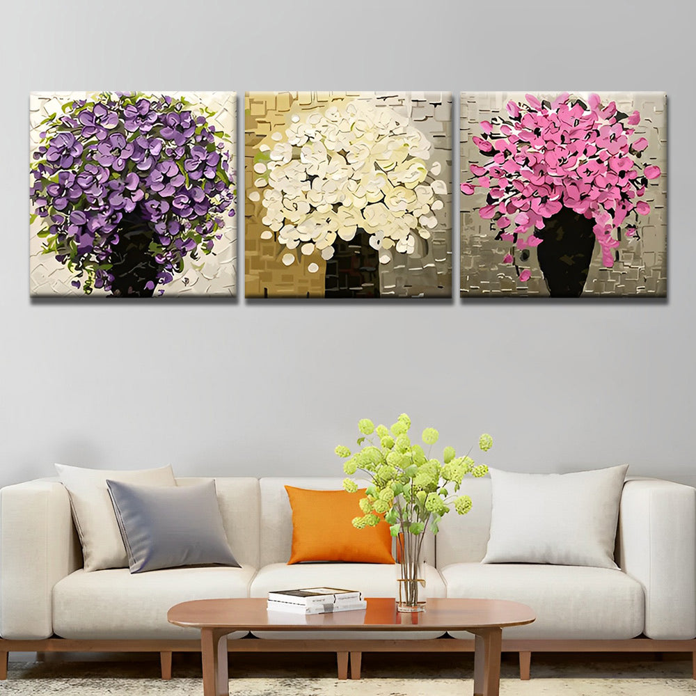 Lila, weißer und rosa Blumenstrauß 3-teilig Triptychon Malen nach Zahlen