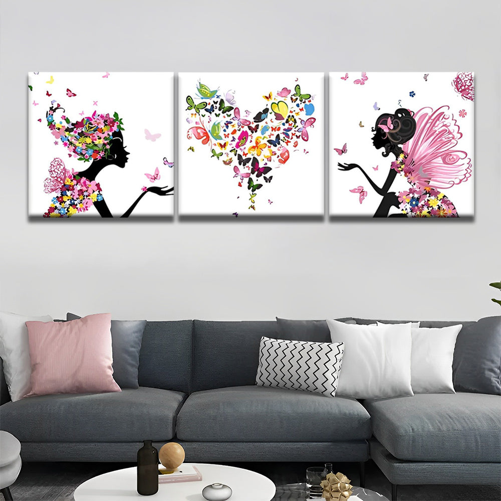 Mädchen, Herz, Schmetterlinge 3-teilig Triptychon Malen nach Zahlen