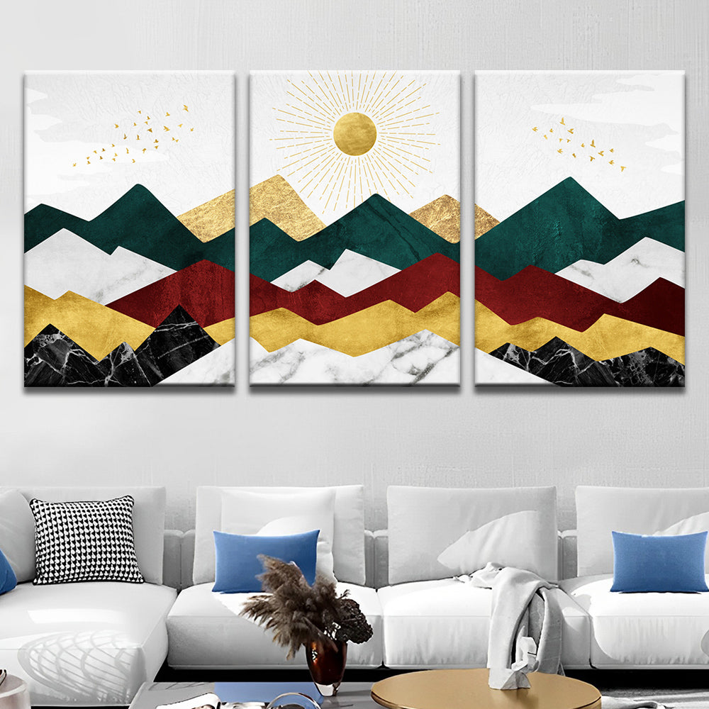 Moderne Berge und goldene Sonne 3-teilig Triptychon Malen nach Zahlen