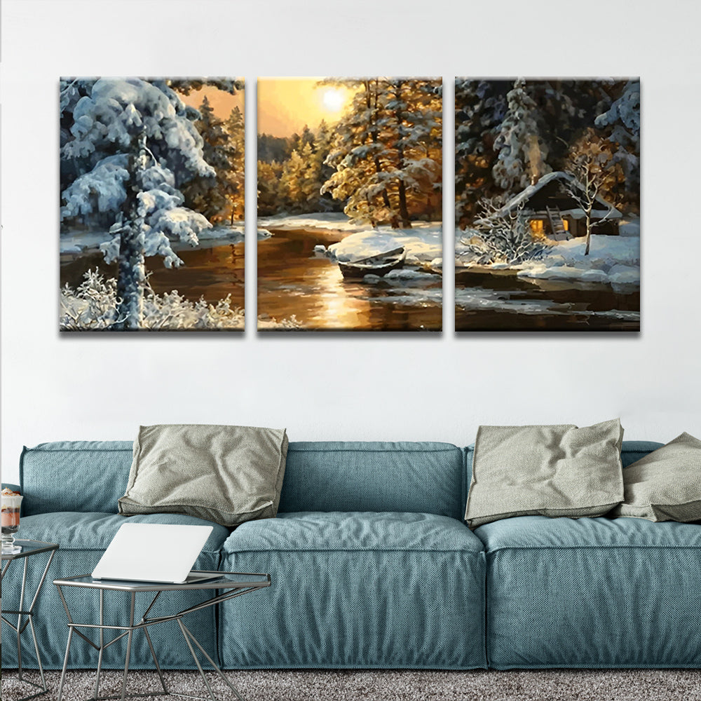 Schnee, Wald und See 3-teilig Triptychon Malen nach Zahlen