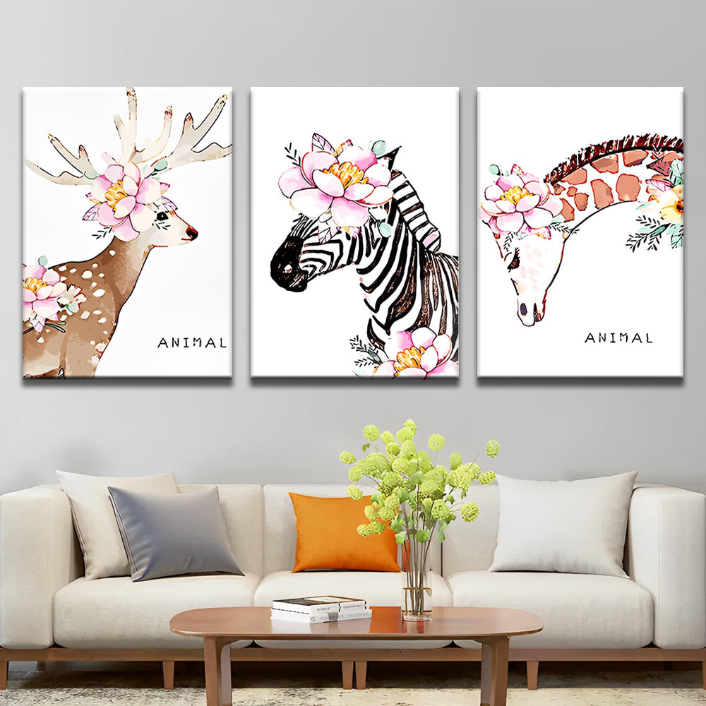 Tiere und Blumen 3-teilig Triptychon Malen nach Zahlen