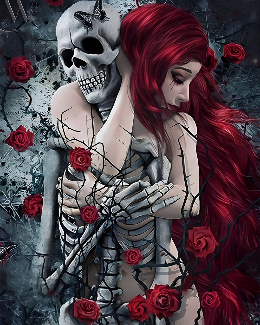 Totenkopf und Schönheit mit roten Rosen Malen nach Zahlen