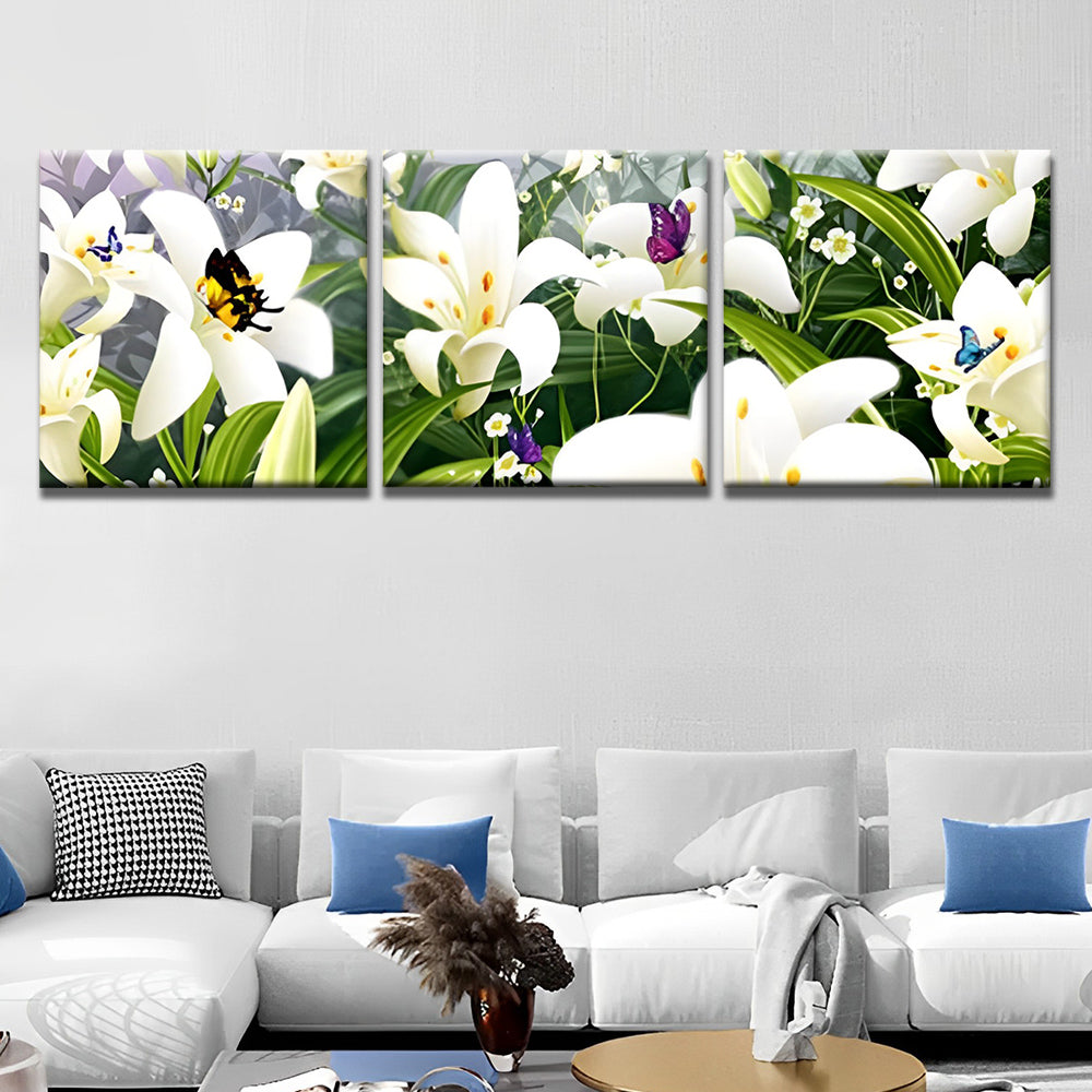 Weiße Lilien und Schmetterlinge 3-teilig Triptychon Malen nach Zahlen
