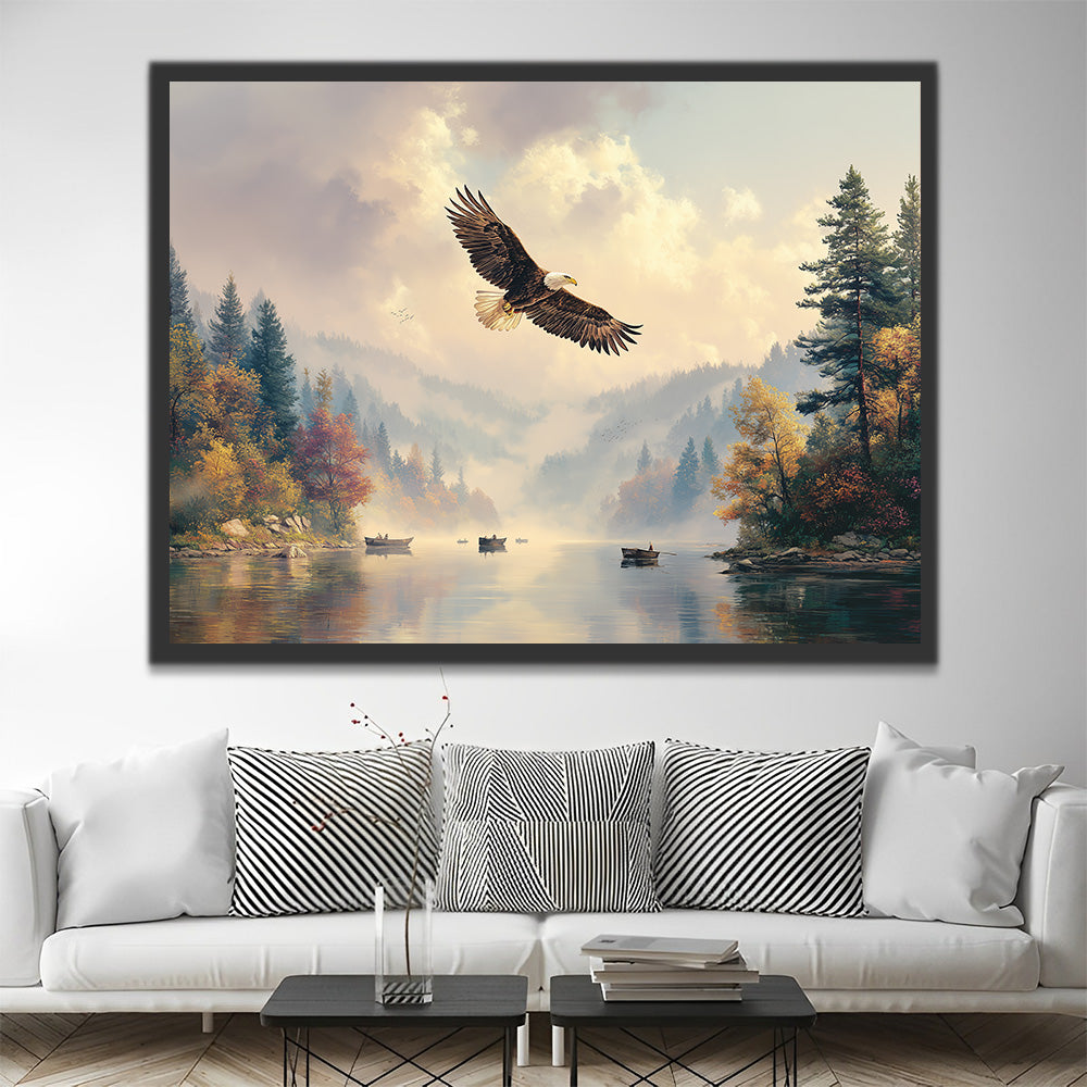 Adler fliegt über den See im Herbst Malen nach Zahlen