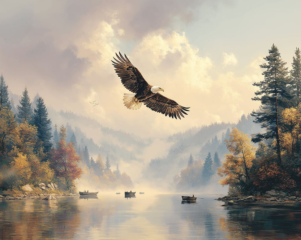 Adler fliegt über den See im Herbst Malen nach Zahlen