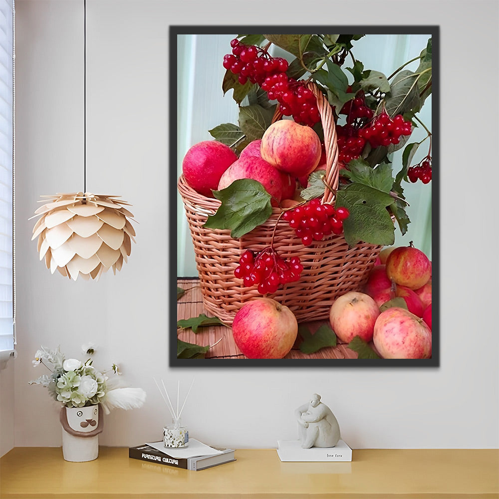 Äpfel und rote Beeren im Korb Malen nach Zahlen