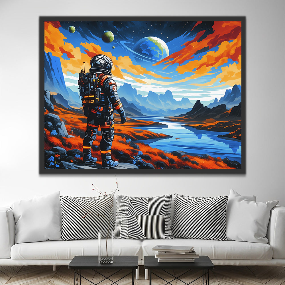 Astronaut, Berge und Planet Malen nach Zahlen