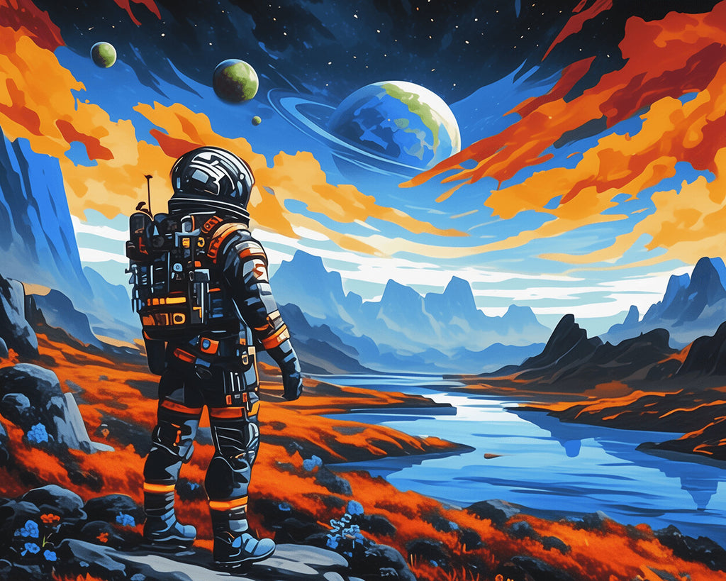 Astronaut, Berge und Planet Malen nach Zahlen